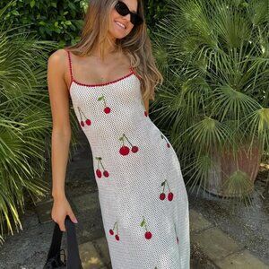 Sweet Girl Cherry Crochet Fruit Print Knit Maxi Dress White Red Size Large